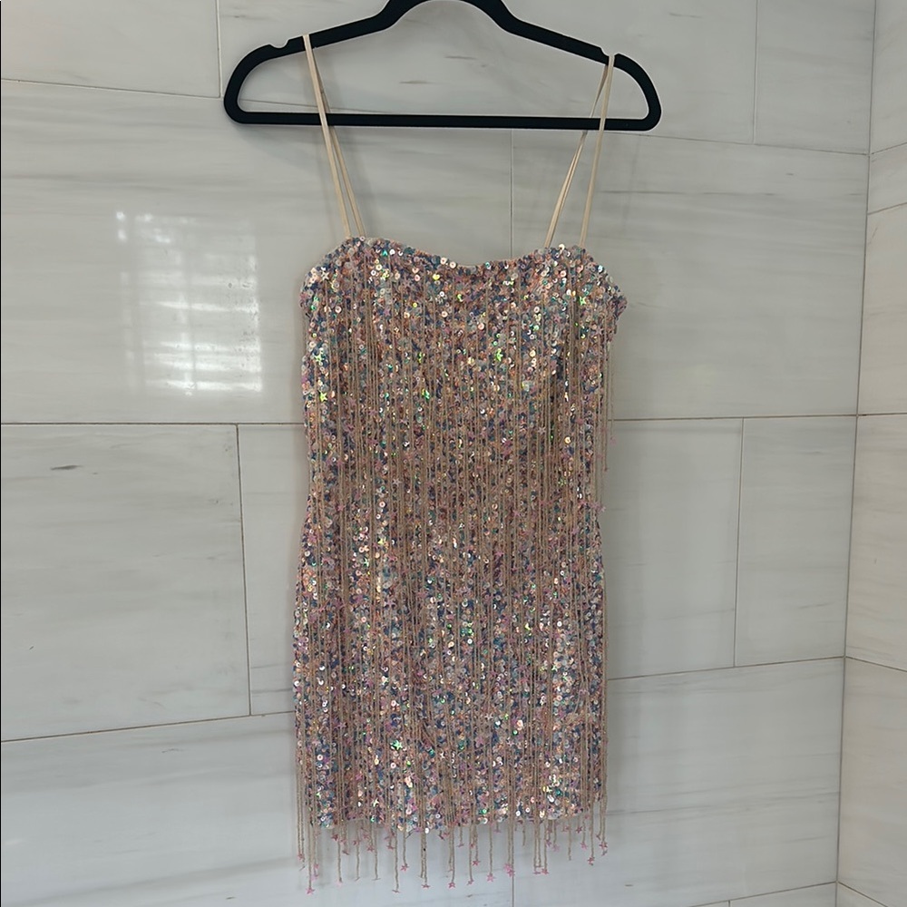 Retrofete Heather Sequin Star Fringe Mini Dress in Tutti Frutti color- size S